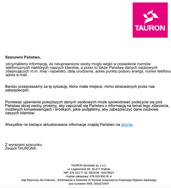 Wyciekły dane z firmy Tauron. W ręce hakerów trafiły m.in. numery PESEL klientów