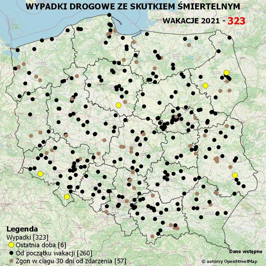 Policyjna mapa wypadków drogowych ze skutkiem śmiertelnym 2021