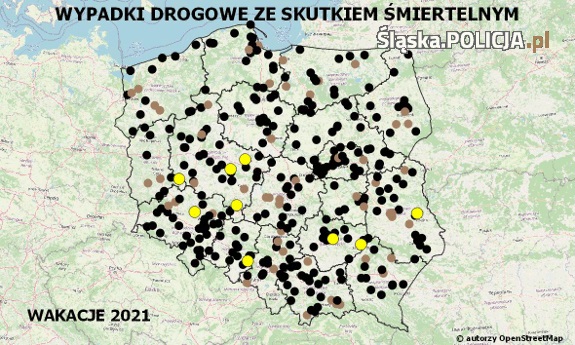 Policyjna mapa wypadków drogowych ze skutkiem śmiertelnym – wakacje 2021