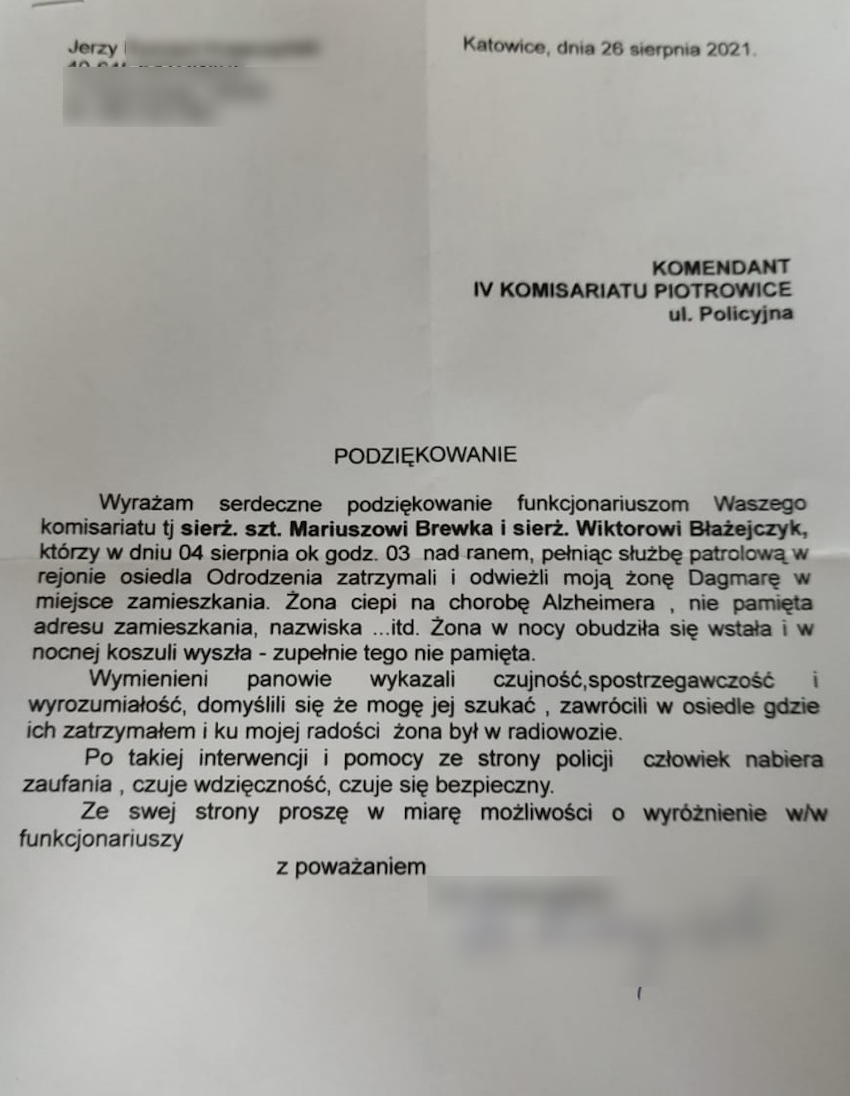 Podziękowania za odnalezienie żony chorej na Alzheimera