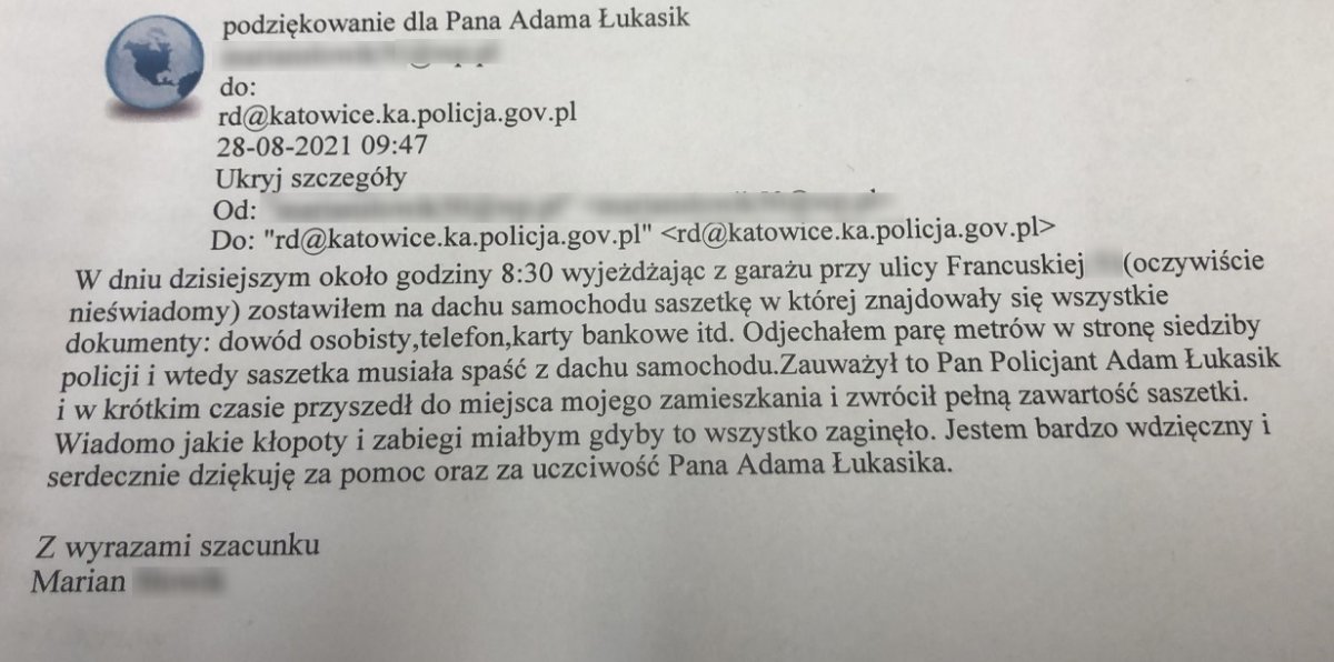 Podziękowania dla policjanta katowickiej drogówki