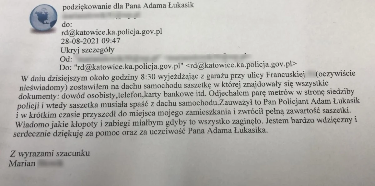 Podziękowania dla policjanta katowickiej drogówki