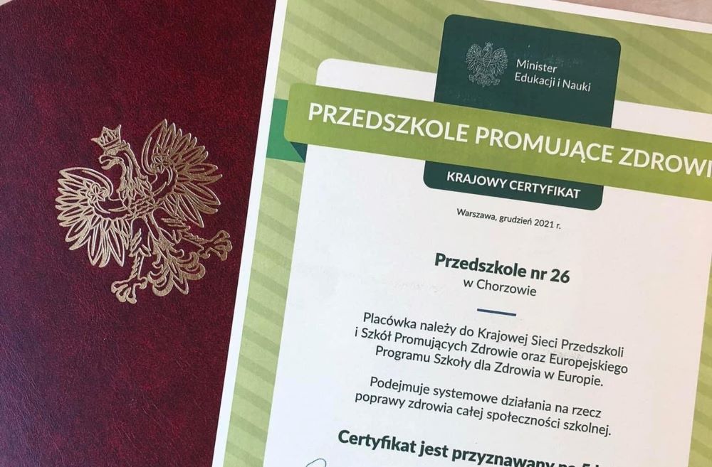 Przedszkole nr 26 wyróżnione. Otrzymało certyfikat placówki promującej zdrowie