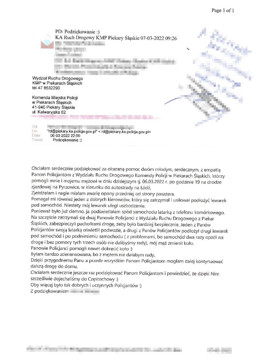 Mieszkanka Częstochowy podziękowała policjantom z piekarskiej drogówki