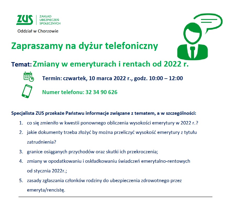 Dyżur telefoniczny w sprawie emerytur i rent