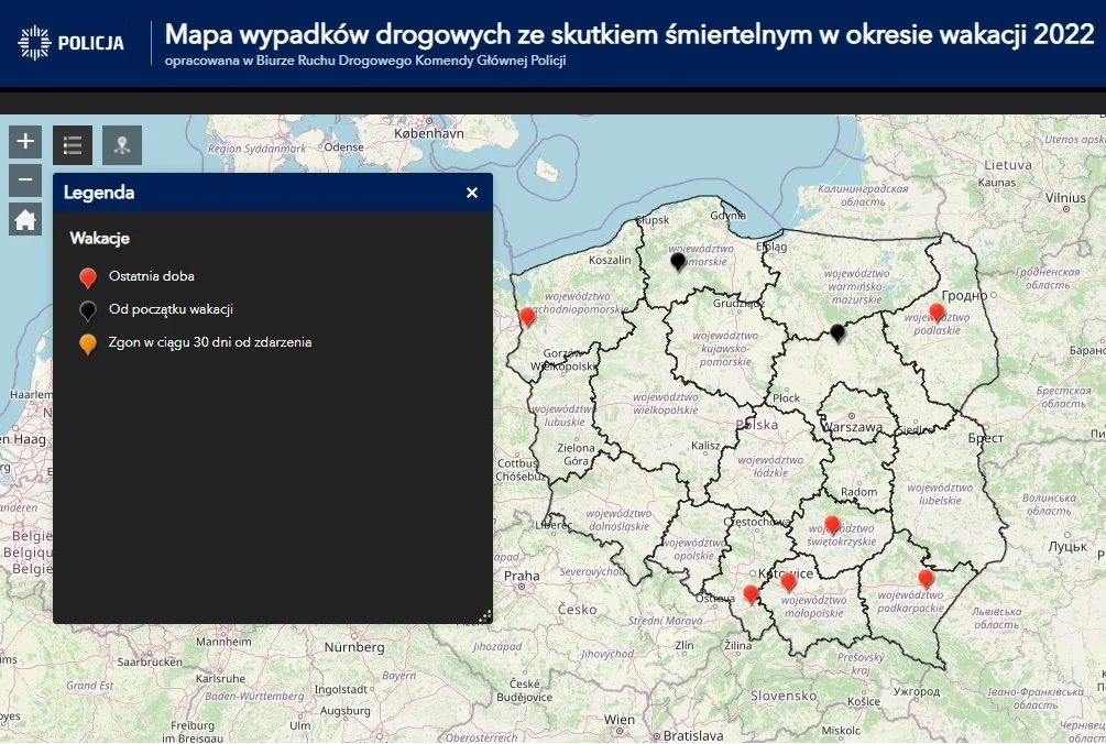 Policyjna mapa wypadków drogowych ze skutkiem śmiertelnym - wakacje 2022
