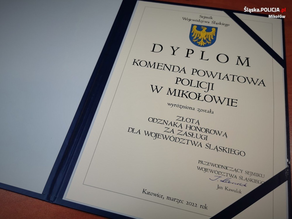 Złota odznaka dla Komendy Powiatowej Policji w Mikołowie