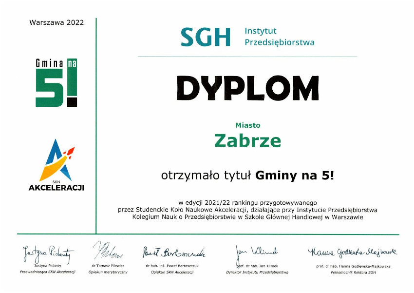 Wyróżnienie "Gmina na 5!" dla Miasta Zabrze