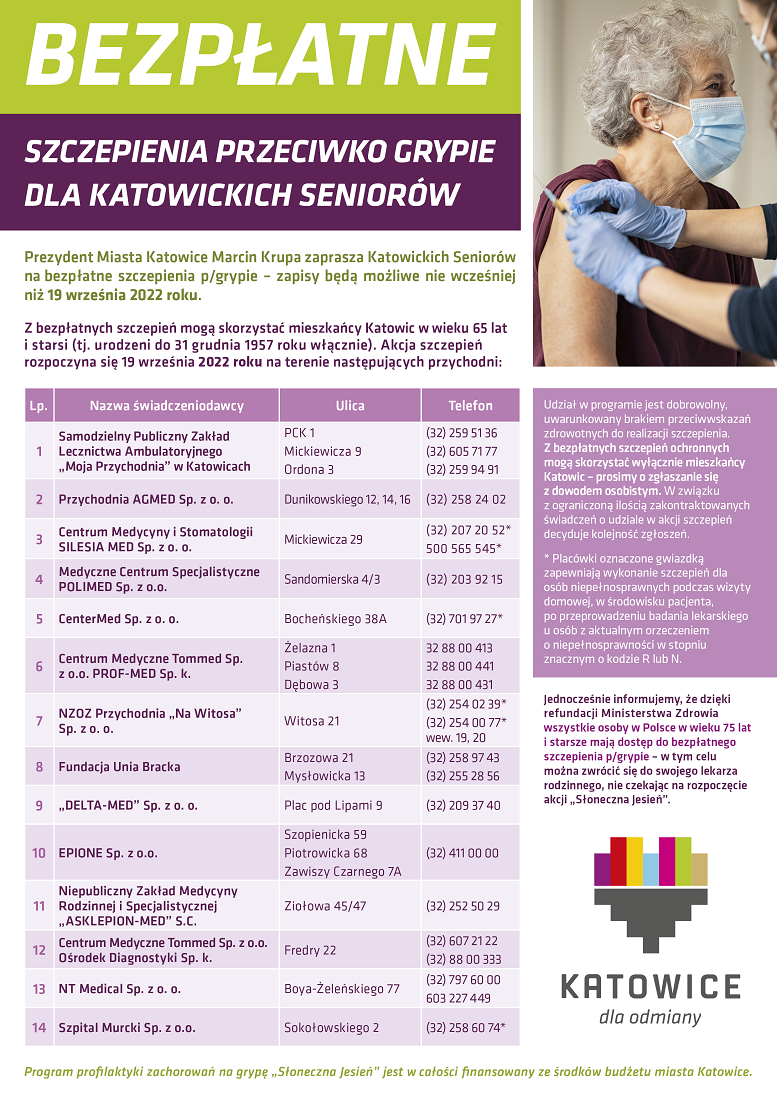 Bezpłatne szczepienia przeciw grypie dla seniorów z Katowic