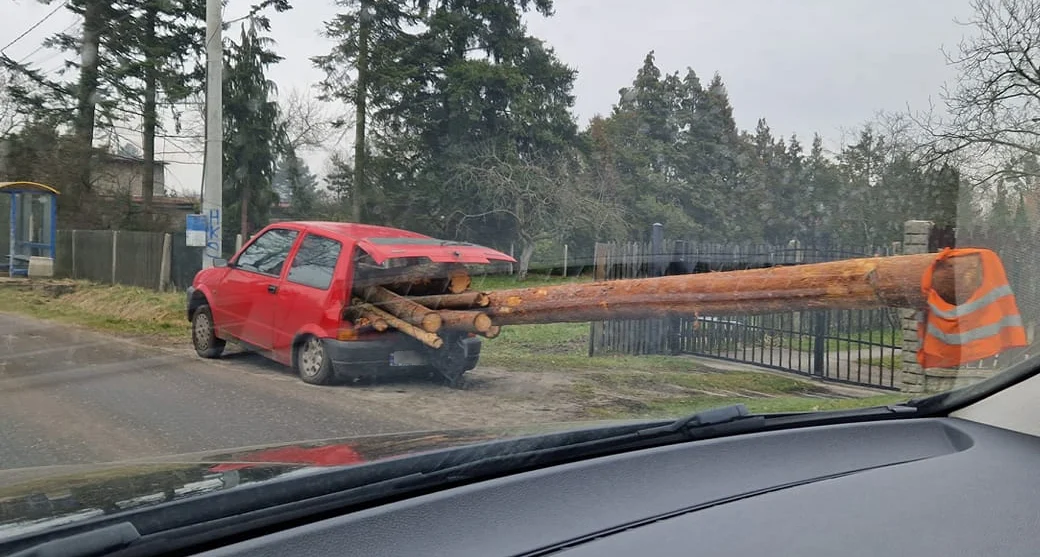 Szokujący widok w Mikołowie. Fiatem cinquecento przewoził olbrzymie kłody drewna! [FILM]