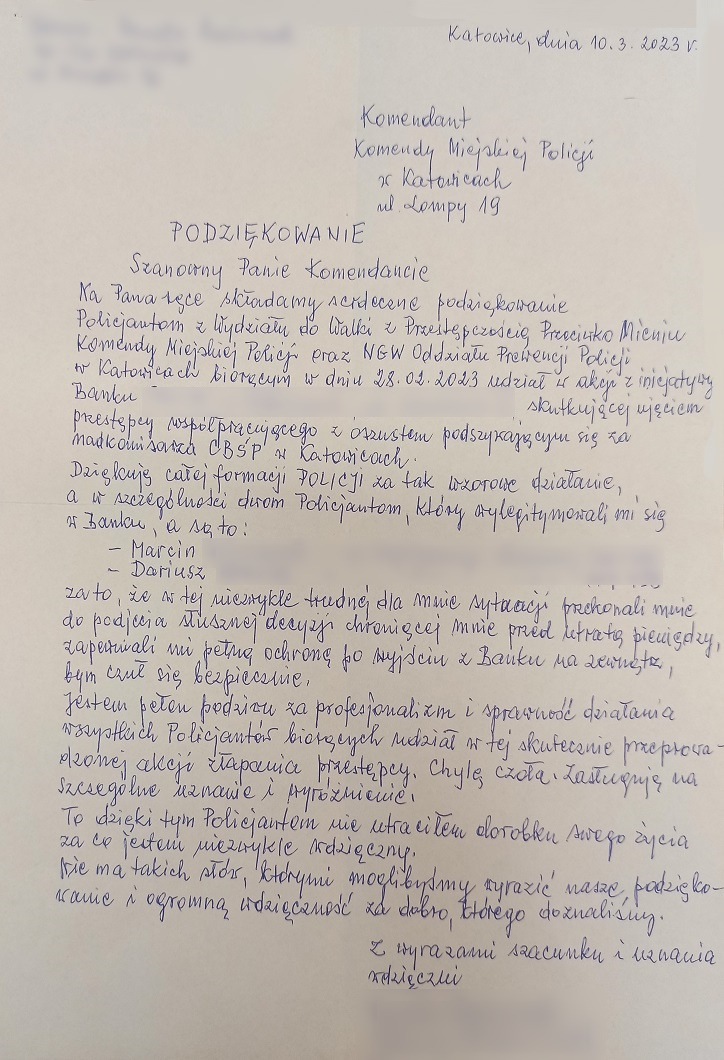 Fałszywy policjant chciał wyłudzić 850 tys. zł. Policjanci otrzymali podziękowania
