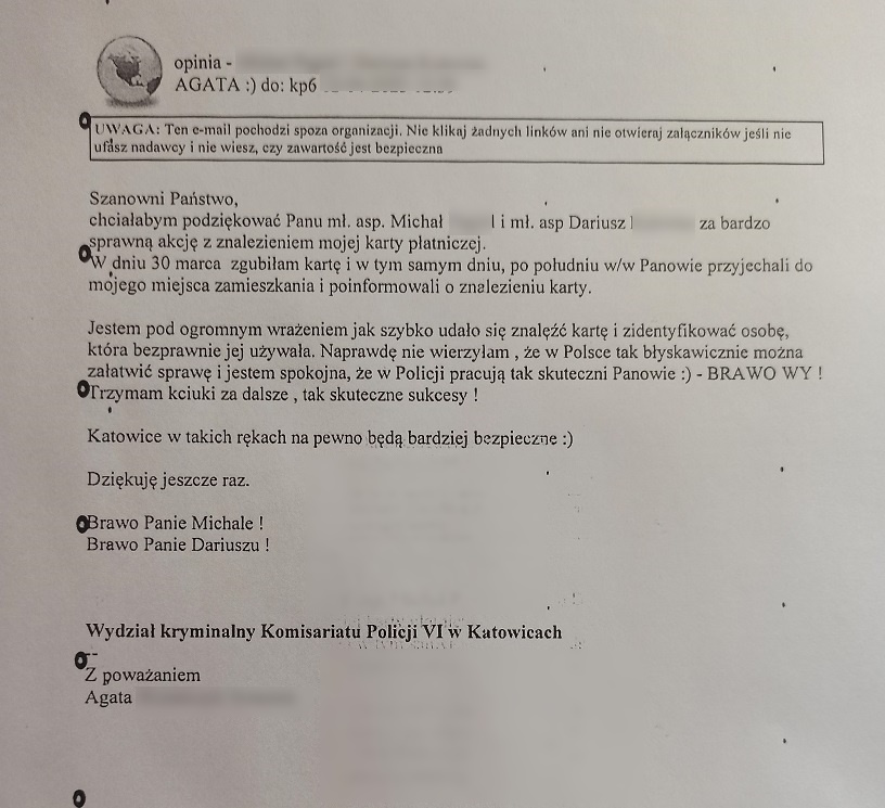 Podziękowania za zatrzymanie dwóch włamywaczy i odzyskanie karty płatniczej