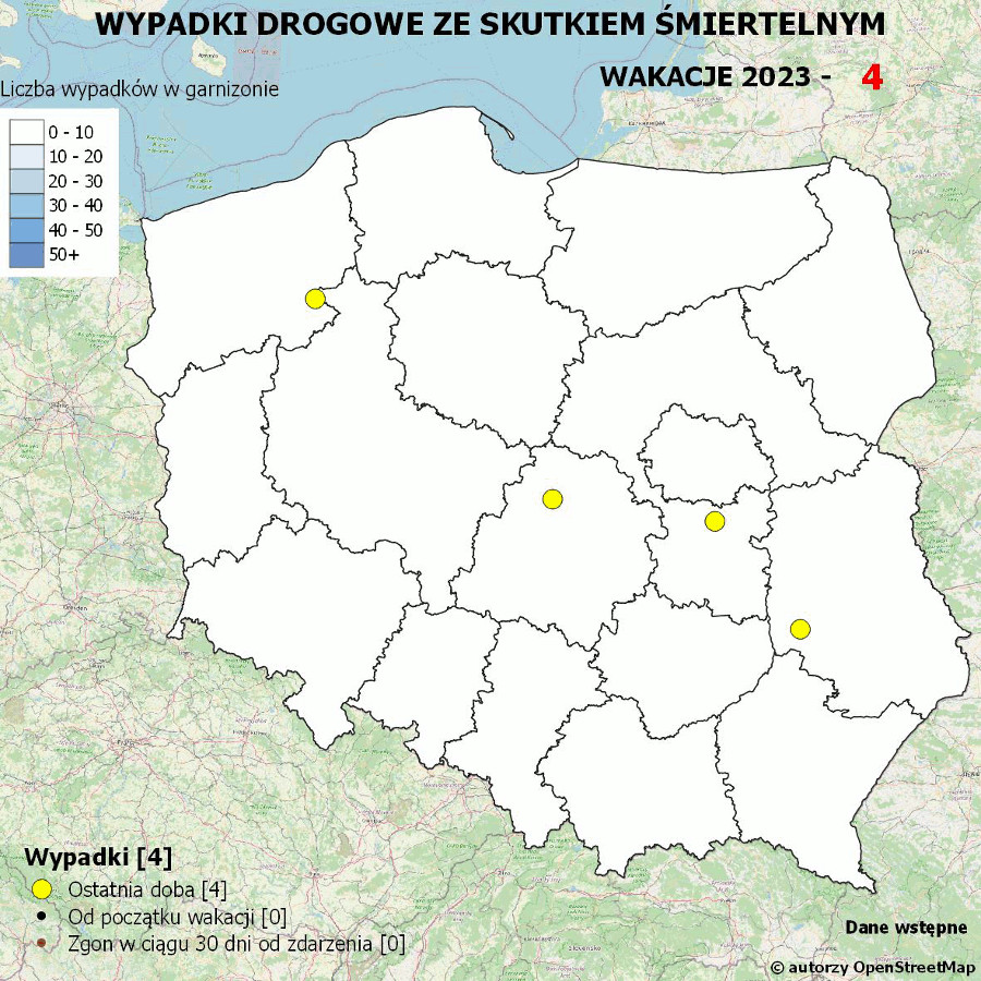 Policyjna mapa wypadków drogowych ze skutkiem śmiertelnym – Wakacje 2023