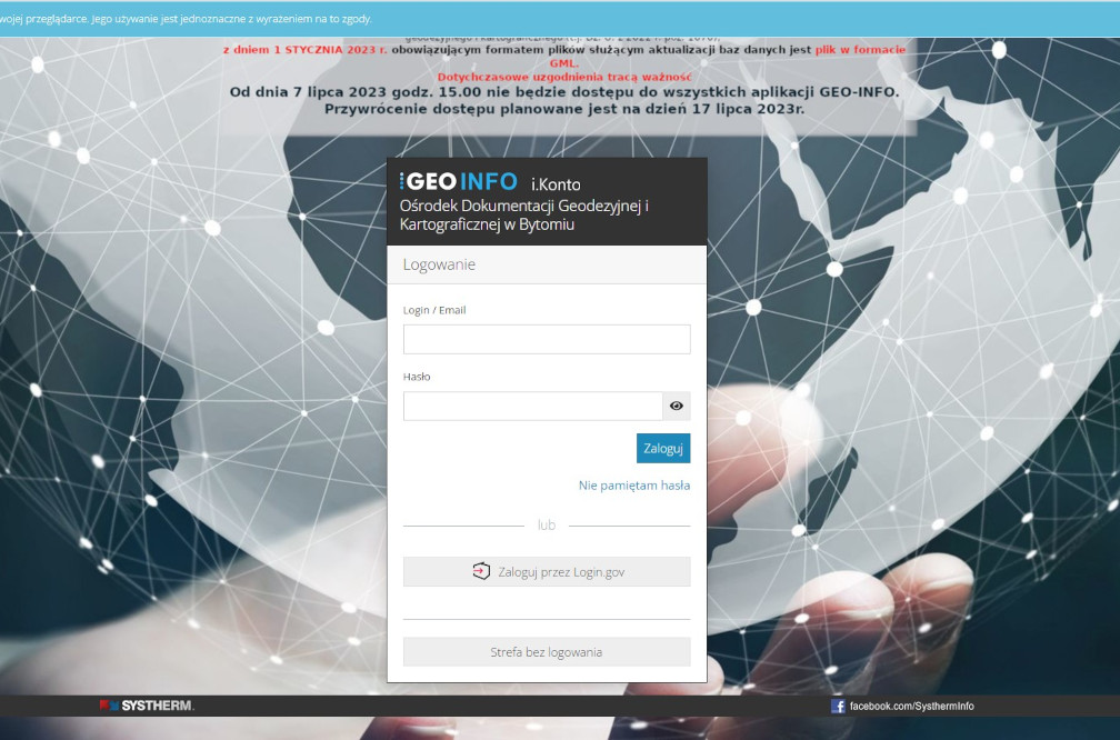 Konieczna aktualizacja oprogramowania geodezyjnego. Będzie przerwa w działaniu systemu