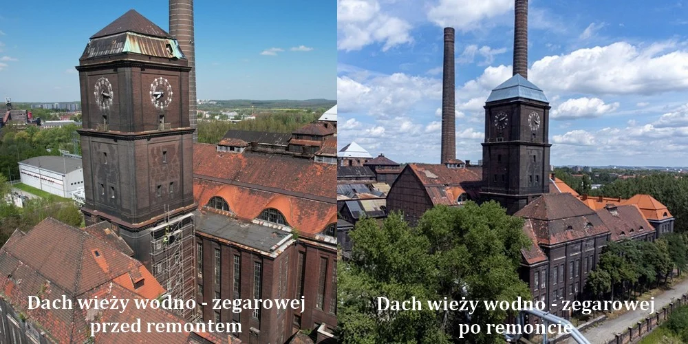 Remont dachu wieży wodno-zegarowej EC Szombierki zakończony [FOTO]