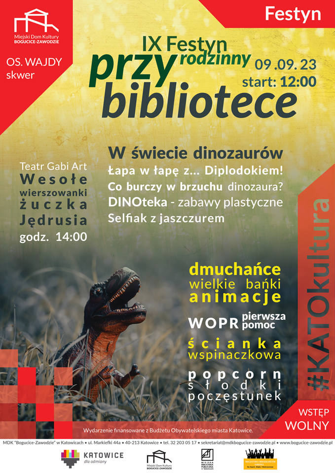 "W świecie dinozaurów". Festyn pod biblioteką na osiedlu Wajdy w Katowicach