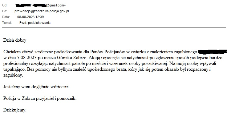 Podziękowania dla policjantów z Zabrza. Odnaleźli zagubionego niepełnosprawnego 40-latka