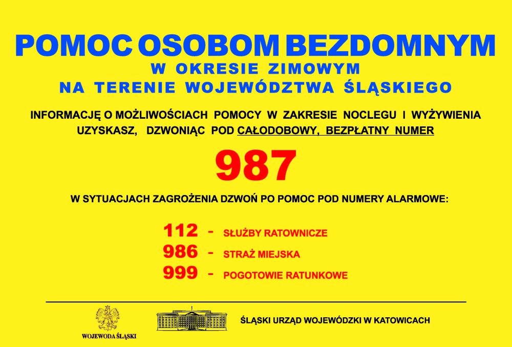 Śląski Urząd Wojewódzki uruchomił bezpłatną infolinię 987 dla osób bezdomnych