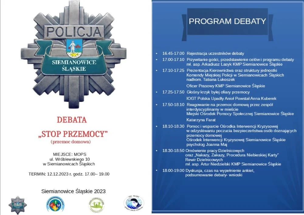 Komenda Miejska Policji zaprasza na debatę "Stop przemocy"
