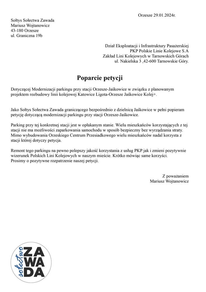 Sołtys Orzesza Zawady popiera petycję o lepszy parking