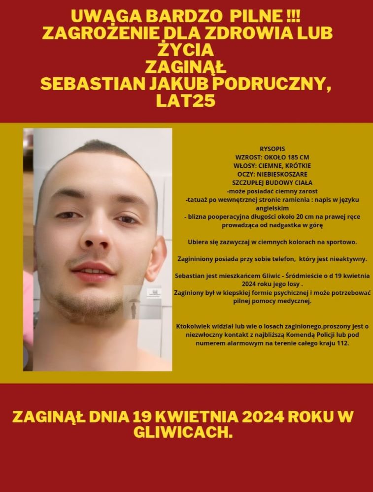Zaginął 25 letni Sebastian Podruczny. Zagrożone jest jego zdrowie lub życie!