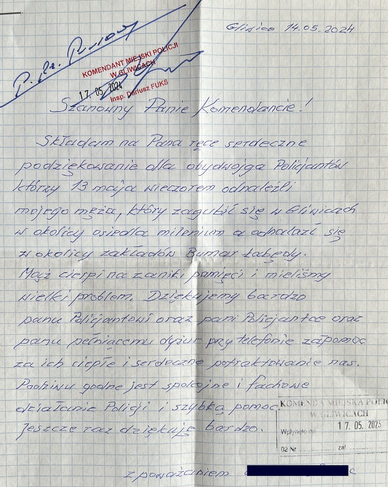 Policjanci odnaleźli 80-latka z zanikiem pamięci. Żona mężczyzny podziękowała