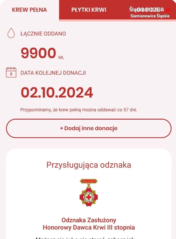 Siemianowicki policjant honorowym dawcą krwi!