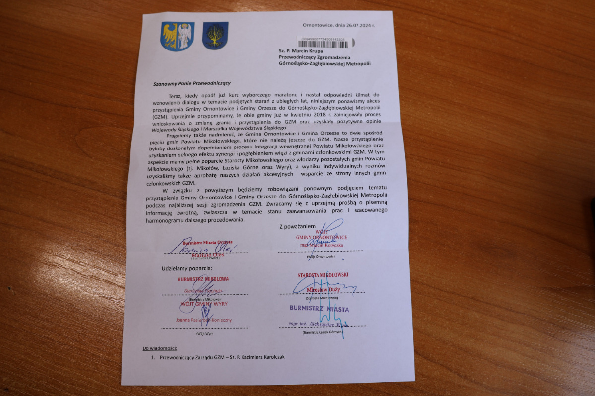 Pismo ws. przystąpienia Orzesza i Ornontowic do GZM
