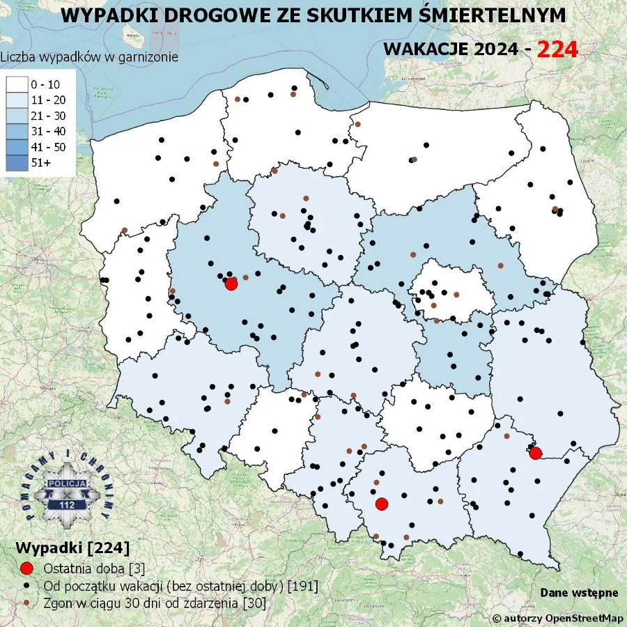 Policyjna mapa wypadków drogowych ze skutkiem śmiertelnym – wakacje 2024