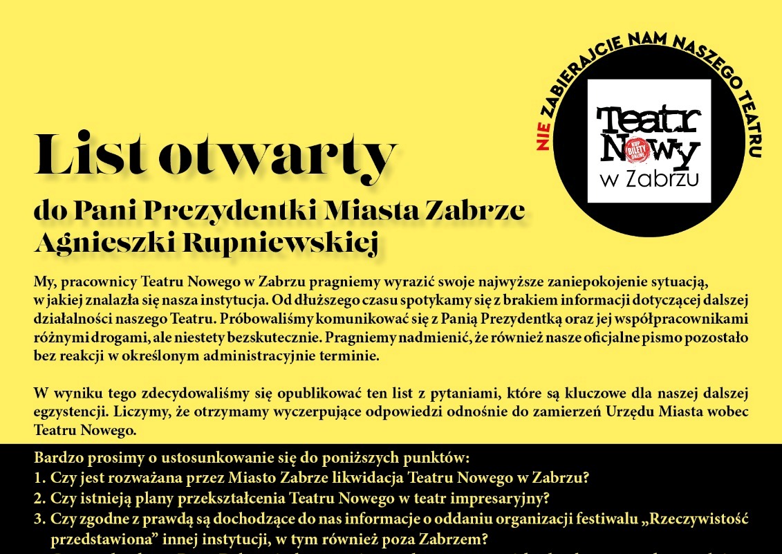 Teatr Nowy publikuje list otwarty do prezydentki Rupniewskiej
