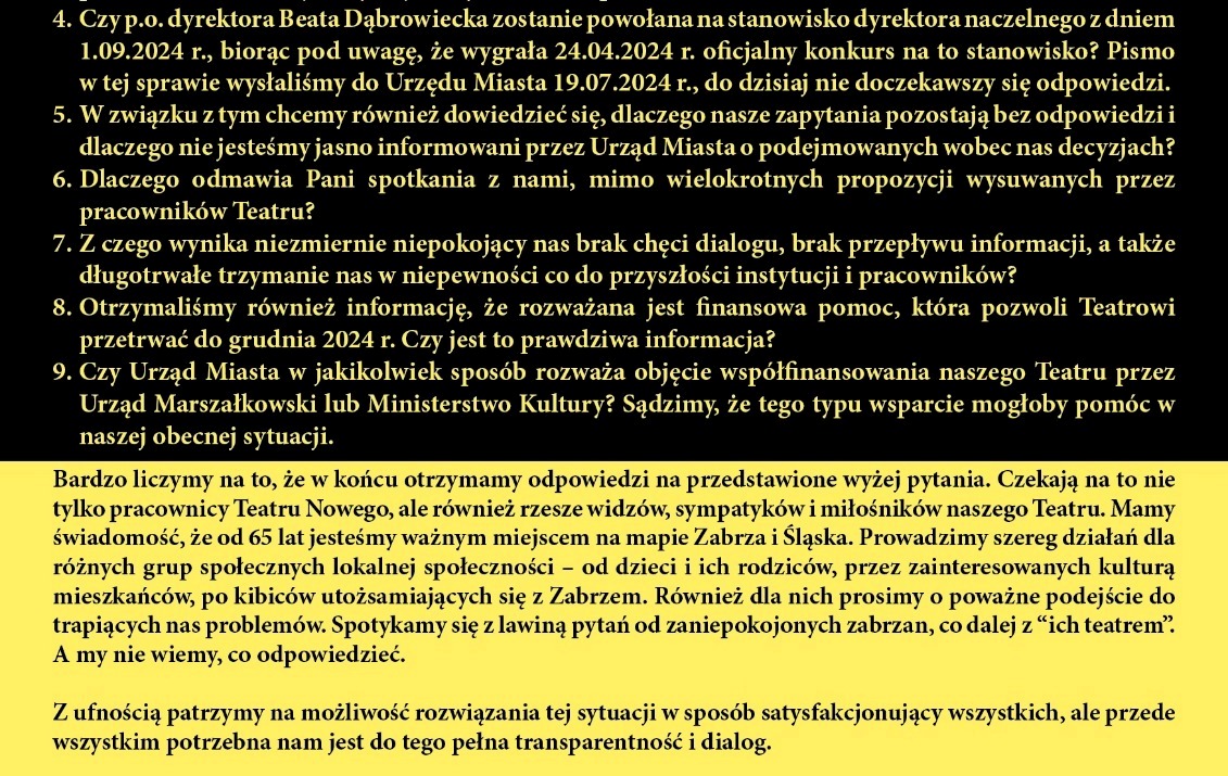 Teatr Nowy publikuje list otwarty do prezydentki Rupniewskiej