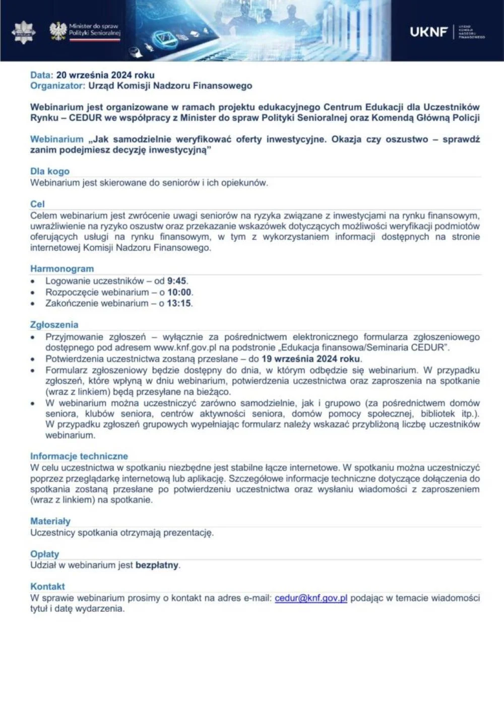 Webinarium dla seniorów: Jak bezpiecznie ocenić oferty inwestycyjne?