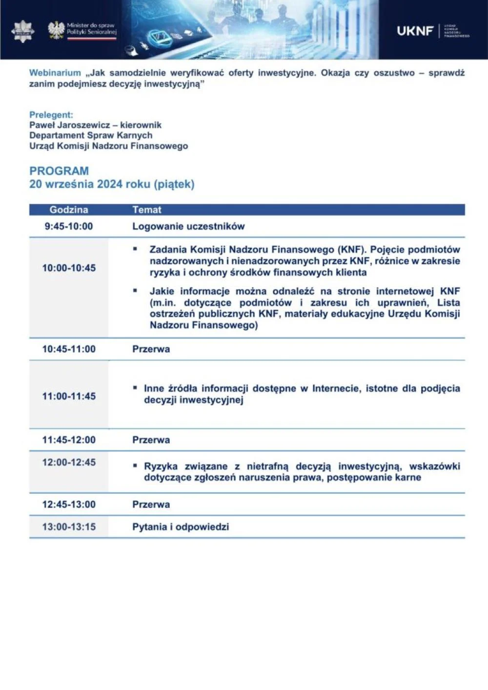 Webinarium dla seniorów: Jak bezpiecznie ocenić oferty inwestycyjne?