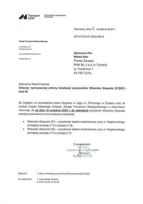 Tymczasowa zmiana lokalizacji przystanków Mościska Gospoda w Orzeszu