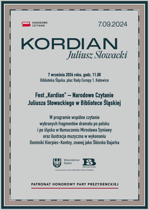 Katowice: Fest „Kordian" – Narodowe Czytanie w Bibliotece Śląskiej 7 września