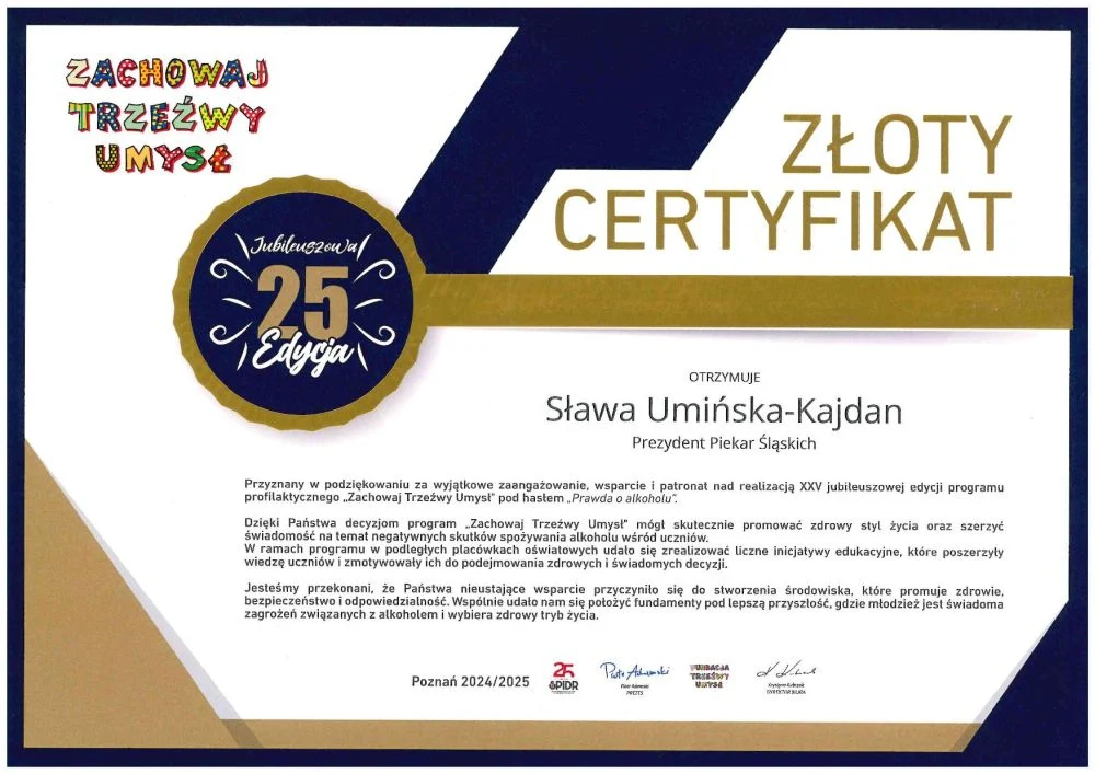 Piekary Śląskie z złotym certyfikatem za promowanie trzeźwego stylu życia