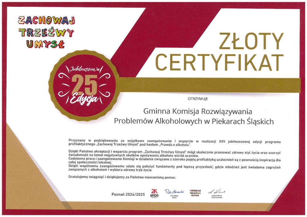 Piekary Śląskie z złotym certyfikatem za promowanie trzeźwego stylu życia