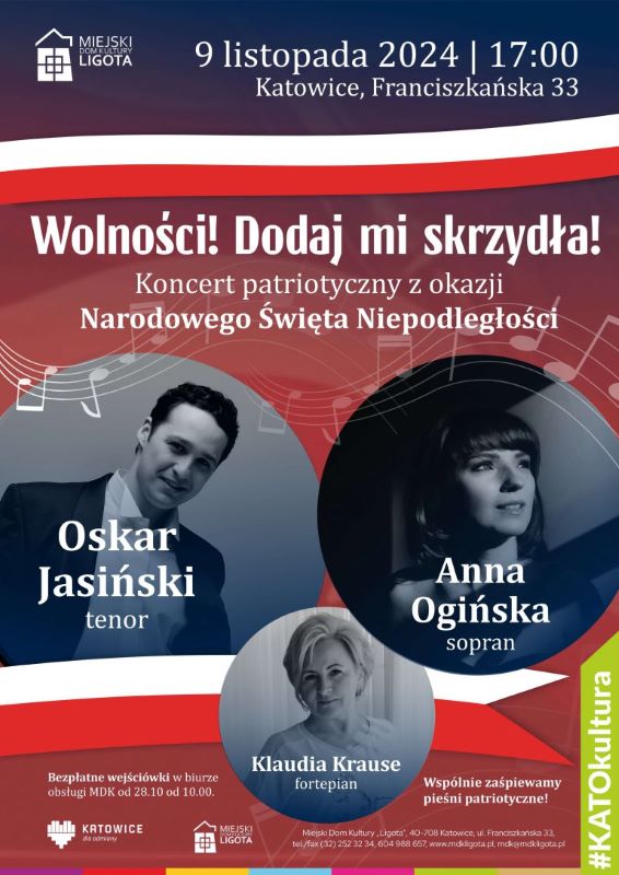 Muzyczne hołdy dla ojczyzny – koncert w MDK Ligota z okazji Święta Niepodległości