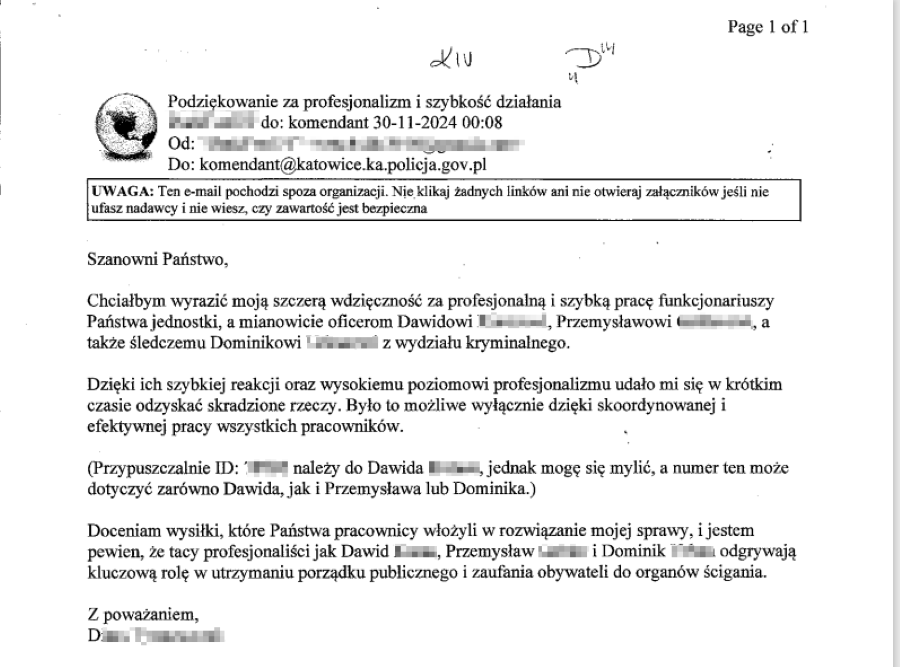 Szybka akcja policji w Katowicach – laptop wrócił do właściciela