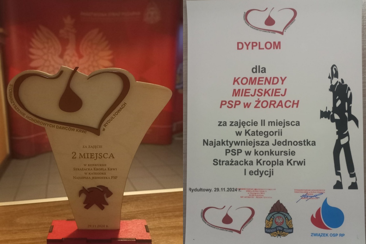 Komenda Miejska PSP w Żorach nagrodzona w konkursie Strażacka Kropla Krwi