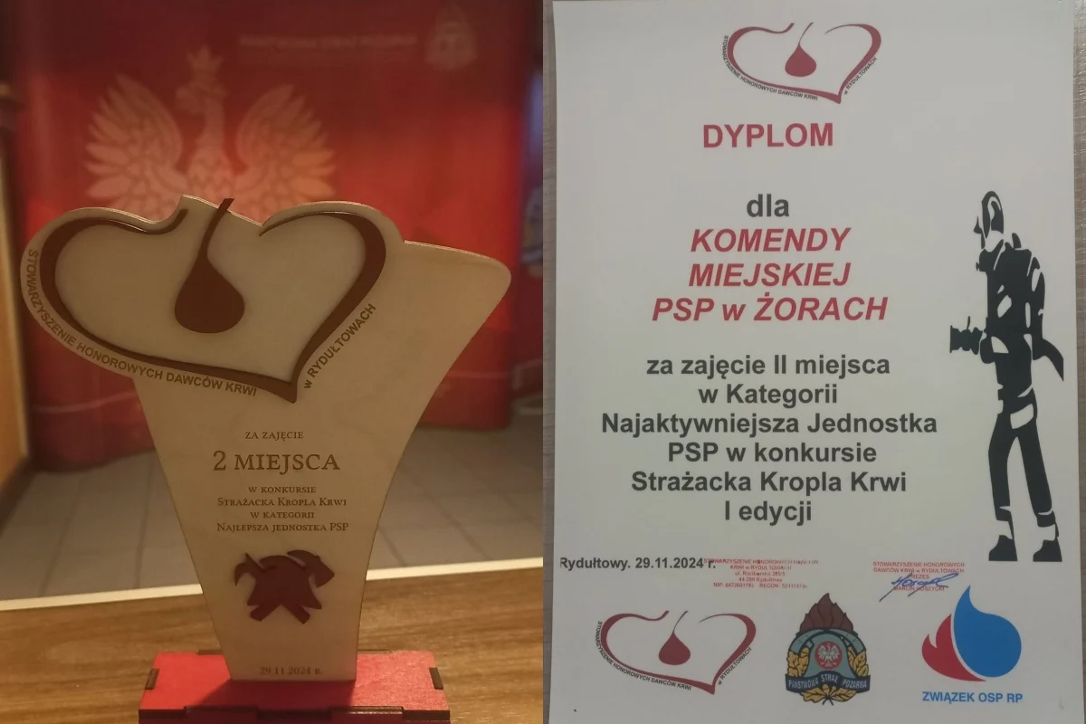 Komenda Miejska PSP w Żorach nagrodzona w konkursie Strażacka Kropla Krwi