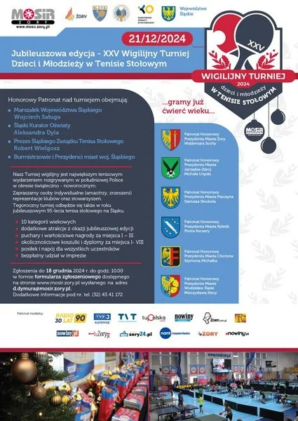 Przed nami XXV Wigilijny Turniej Dzieci i Młodzieży w Tenisie Stołowym