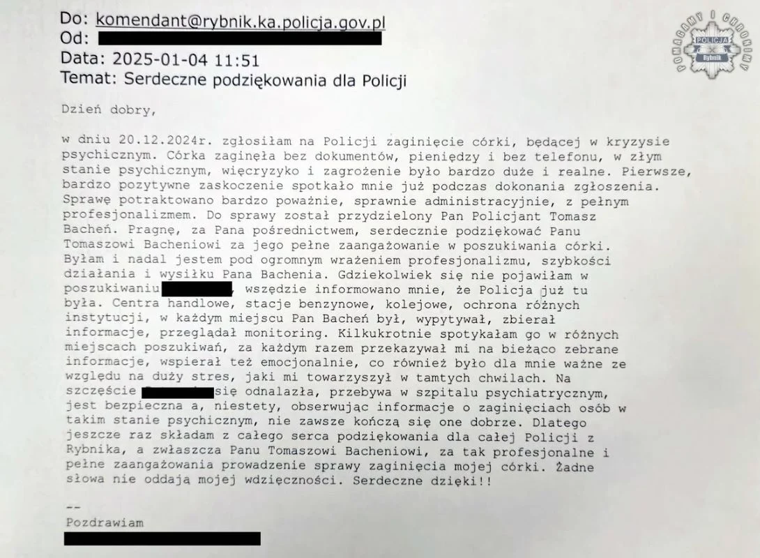Rybnicki policjant na medal – podziękowania za skuteczne działania w sprawie zaginionej