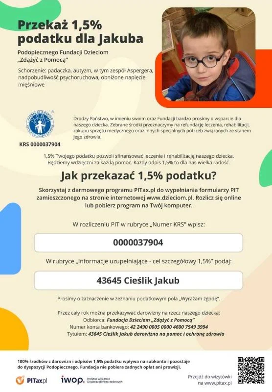 Pomóż Jakubowi walczyć o zdrowie – przekaż 1,5% podatku