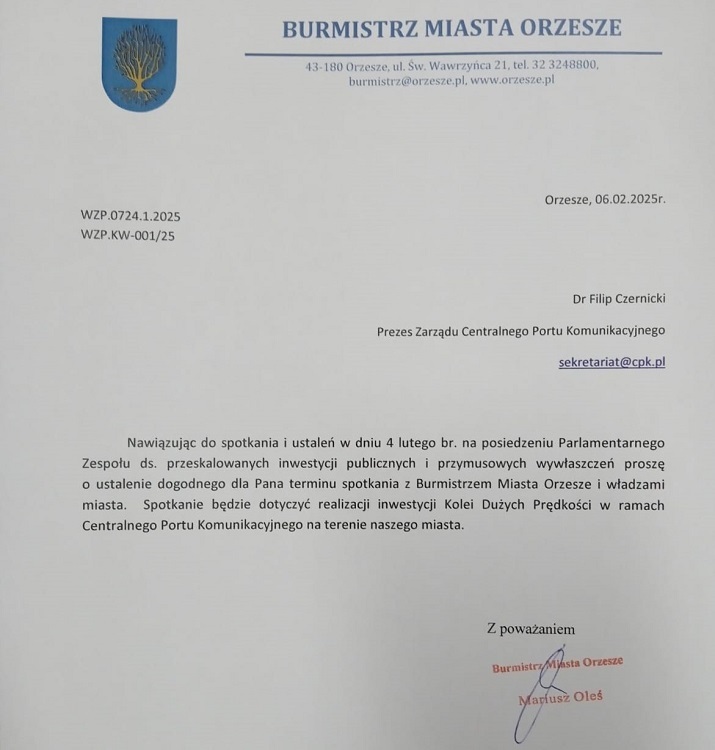 Burmistrz Orzesza zaprasza Prezesa CPK do miasta – spotkanie w sprawie inwestycji KDP