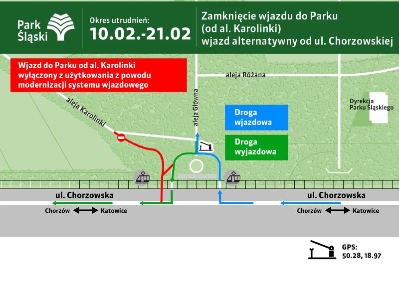 Zmiana organizacji ruchu! Wjazd do Parku Śląskiego od al. Karolinki zamknięty