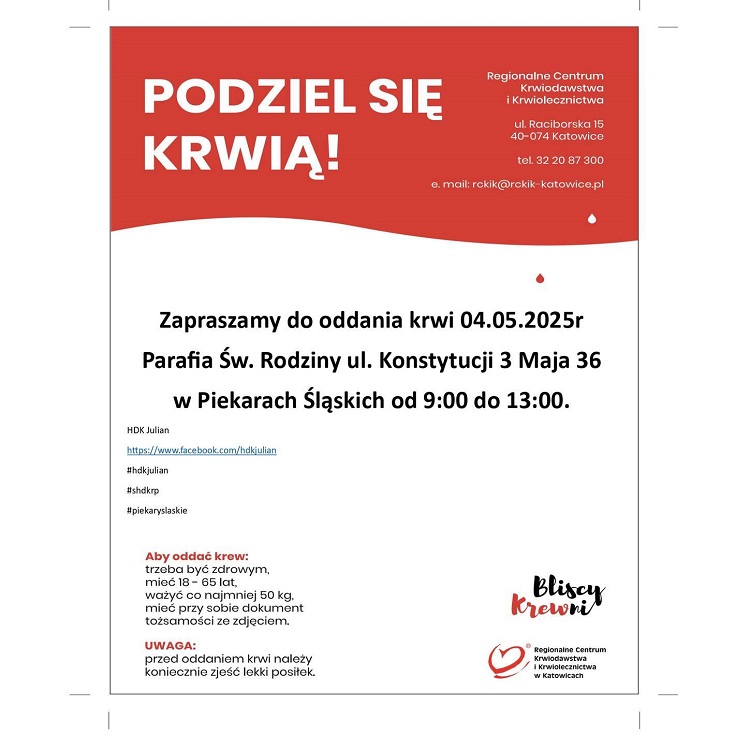Podziel się krwią! Akcja krwiodawstwa 4 maja w Piekarach Śląskich