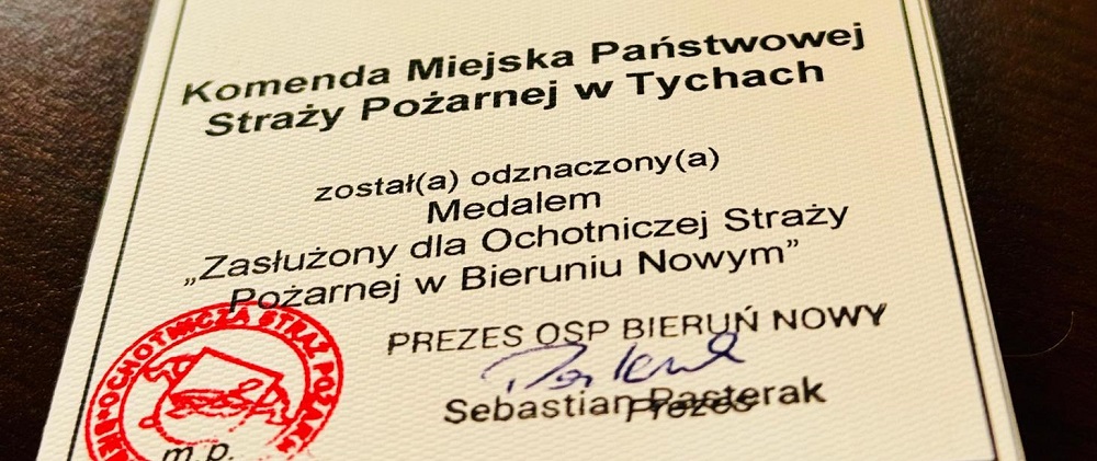 Komenda Miejska PSP w Tychach uhonorowana medalem „Zasłużony dla OSP Bieruń Nowy”