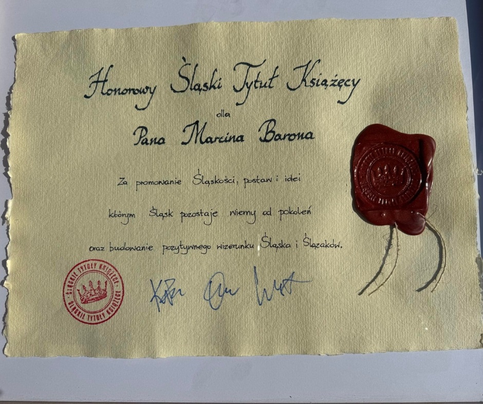 Marcin Baron uhonorowany za działania na rzecz kultury i tożsamości Śląska