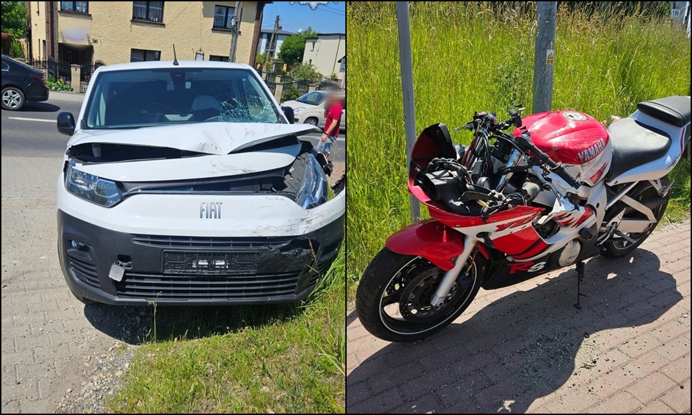 Groźna kolizja z udziałem motocyklisty w Żorach. Uratował go kombinezon